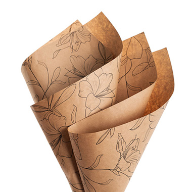 Printed Pattern Kraft Paper - Kraft Paper Lily Print 80gsm Brown Pack 100 (50x70cm)