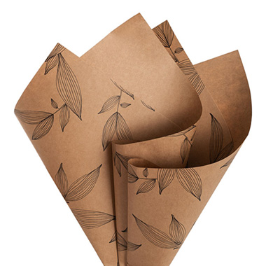 Printed Pattern Kraft Paper - Kraft Paper Botanical Leaves 110gsm Brown Pack 100 (50x70cm)