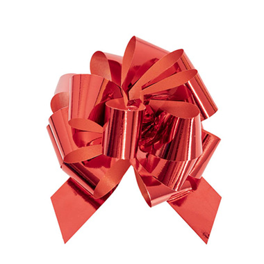 Ribbon Pull Bow Pom Pom Metallic Red (32mmx12.5cm) Pack 5