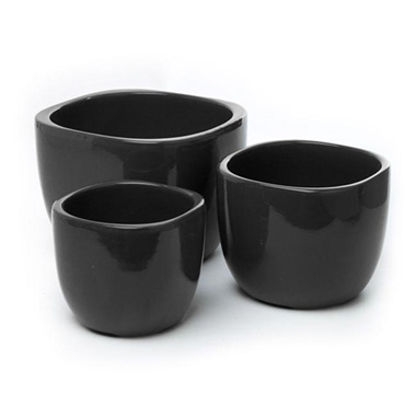 Large Flower Pots & Planters - Ceramic Monaco Square Round Set 3 Black (19x15cmH)