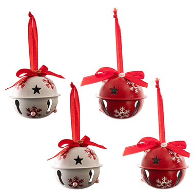 Christmas Tree Decorations - Hanging Bells w Bow Set 4 Red & White (6cmH)