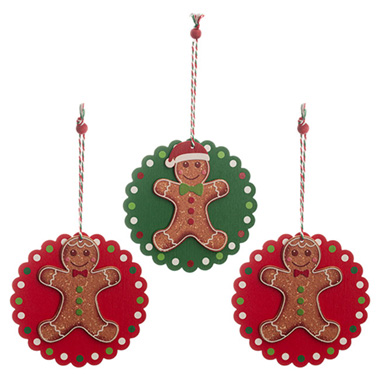 Christmas Tree Decorations - Hanging Gingerbread Man Set 3 Red & Green (11cmD)