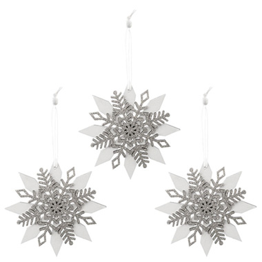 Christmas Tree Decorations - Hanging Snowflake Pack 3 White & Silver (13cmD)