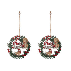 Christmas Tree Decorations - Hanging Merry Christmas Bird Pack 2 Red & Green (12cmD)