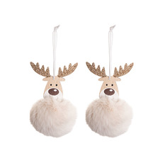 Christmas Tree Decorations - Hanging Faux Fur Reindeer Pack 2 Soft Beige (12cmH)