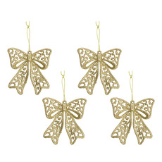 Hanging Swirl Pattern Glitter Xmas Bow Pack 4 Gold (9cmH)