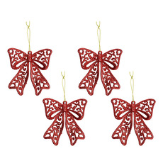 Hanging Swirl Pattern Glitter Xmas Bow Pack 4 Red (9cmH)