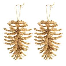 Hanging Open Xmas Pinecone Pack 2 Gold (14cmH)