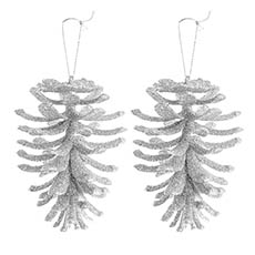 Christmas Tree Decorations - Hanging Open Xmas Pinecone Pack 2 Silver (14cmH)