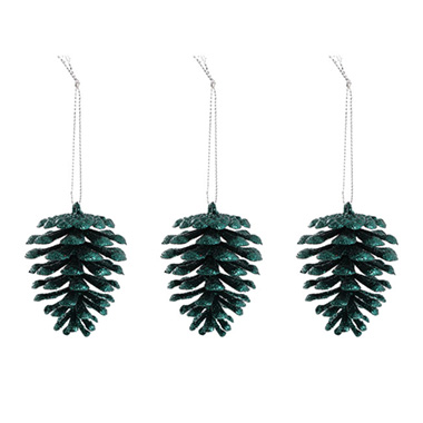 Christmas Tree Decorations - Hanging Christmas Pinecone Pack 3 Dark Green (6.5cmH)