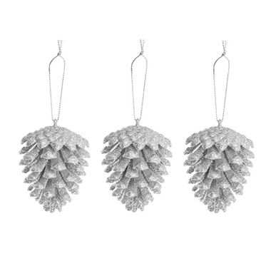 Christmas Tree Decorations - Hanging Christmas Pinecone Pack 3 Silver (6.5cmH)