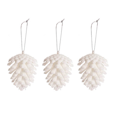 Christmas Tree Decorations - Hanging Christmas Pinecone Pack 3 Iridescent White (6.5cmH)
