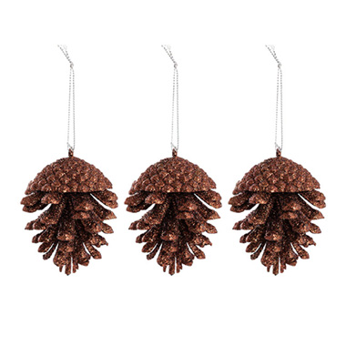 Christmas Tree Decorations - Hanging Christmas Pinecone Pack 3 Glitter Brown (7.5cmH)