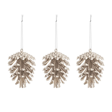 Christmas Tree Decorations - Hanging Christmas Pinecone Pack 3 Matte Champagne (7.5cmH)