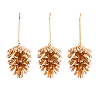 Christmas Tree Decorations - Hanging Christmas Pinecone Pack 3 Matte Gold (7.5cmH)