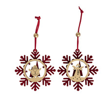 Christmas Tree Decorations - Wooden Hanging Snowflakes Santa & Angel Set 8 Red (8.5x9cm)