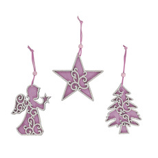 Christmas Tree Decorations - Intricate Wooden Hanging Assorted Set 3 Pink (9x12.5cm)