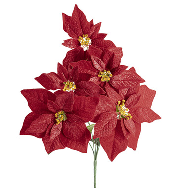 Christmas Flowers & Greenery - Poinsettia Bush 5 Flowers Red (55cmH)