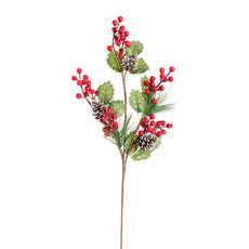 Christmas Flowers & Greenery - Red Berry Holly & Pinecone Spray Red (65cmH)