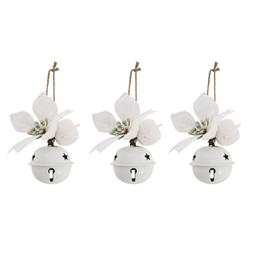 Christmas Tree Decorations - Christmas Hanging Bells w Poinsettia Pack 3 White (6cmD)