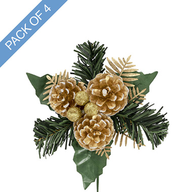 Christmas Picks - Pinecone Christmas Pick Pack 4 Gold (17.5cmH)