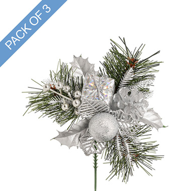 Pinecone Gift Berry Christmas Pick Pack 3 Silver (17.5cmH)