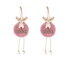 Hanging Faux Fur Xmas Reindeer Pack 2 Pink (7.25x25x2cm)