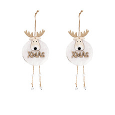 Christmas Tree Decorations - Hanging Faux Fur Xmas Reindeer Pack 2 White (7.25x25x2cm)