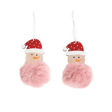 Christmas Tree Decorations - Hanging Snowman Faux Fur Ball Pack 2 Pink (10cmH)
