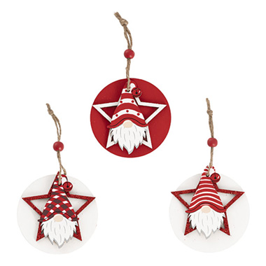 Christmas Tree Decorations - Hanging Wooden Gnomes Set 3 White & Red (8cmD)
