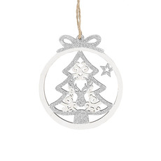 Hanging Wooden Reindeer & Tree Set 3 White & Silver (9cmD)