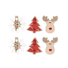 Christmas Ornaments - Assorted Wooden Christmas Pegs Set 6 Red (1.5x9x13.5cmH)