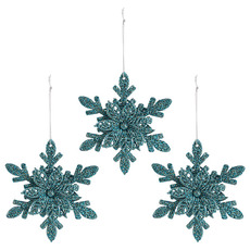Christmas Tree Decorations - Glitter Snowflakes Pack 3 Ice Blue (12cmD)