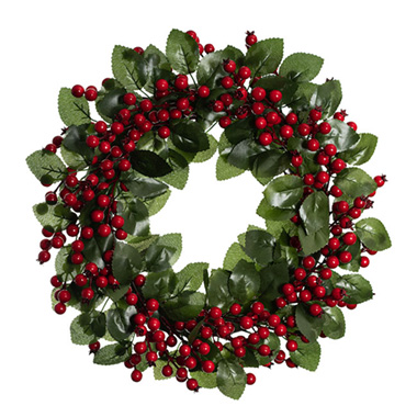 Christmas Wreath - Lush Red Berry Wreath w Leaves Red (40cmD)