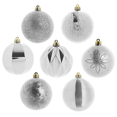 Christmas Baubles - Assorted Hanging Baubles Pack 34 Silver (8cmD)