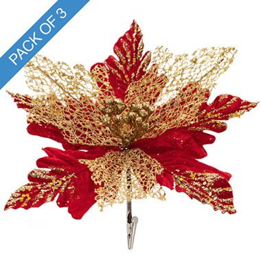 Christmas Flowers & Greenery - Poinsettia Flower Clip Pack 3 Red & Gold (27cmDx8cmH)