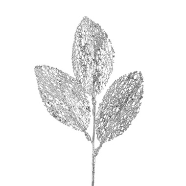 Artificial Metallic Leaves - Artificial Metallic Leaf Pick Pack 4 Silver (26cmH)