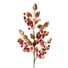 Christmas Flowers & Greenery - Holly Berry Spray w Metallic Leaves Gold (67cmH)