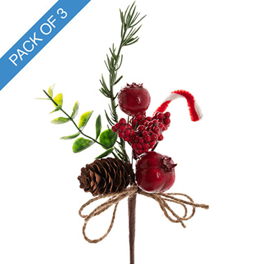 Christmas Picks - Pomegranate & Candycane Pick Pack 3 Red (24cmH)
