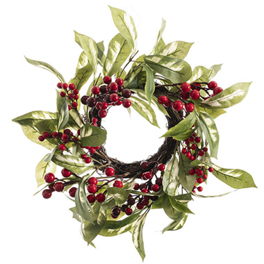 Christmas Wreath - White Princess Leaf & Red Berry Candle Holder Wreath (40cmD)