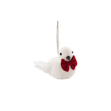Hanging Christmas Bird w Red Bow White (12x7.5x10cmH)