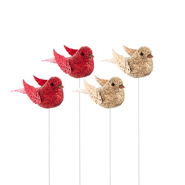 Christmas Picks - Mini Bird Picks Pack 4 Red & Gold (21.5cmH)