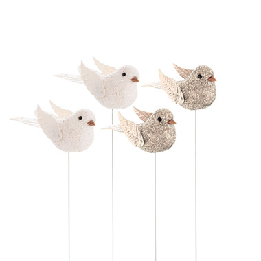 Christmas Picks - Mini Bird Picks Pack 4 White & Champagne (21.5cmH)