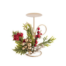 Christmas Lanterns & Candle Holders - Red Berry & Gumnut Pine Single Candle Holder Gold (25cmH)