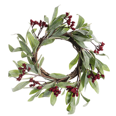 Christmas Wreath - Cluster Red Berry Leaf Candle Holder Wreath Green (30cmD)