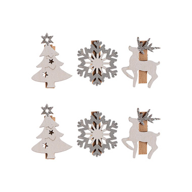 Christmas Ornaments - Assorted Christmas Wooden Clips Set 6 Silver (Box: 9x11cmH)