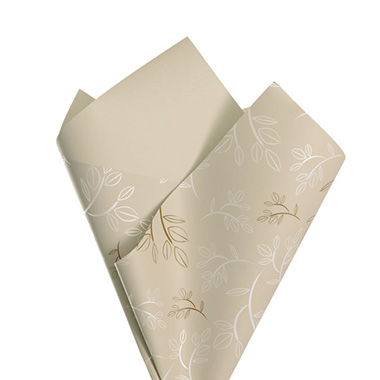 Regal Pearl Wrap Pattern - Cello Regal Leaf Spray 65mic Vanilla Cream Pk100 (50x70cm)