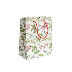 Kraft Paper Carry Bags - Paper Bag Christmas Holly Matte White Pk 6 (180x100x230mmH)