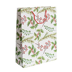 Kraft Paper Carry Bags - Paper Bag Christmas Holly Matte White Pk 6 (310x120x420mmH)