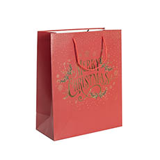 Kraft Paper Carry Bags - Paper Bag Merry Christmas Matte Red Pk 6  (260x120x320mmH)
